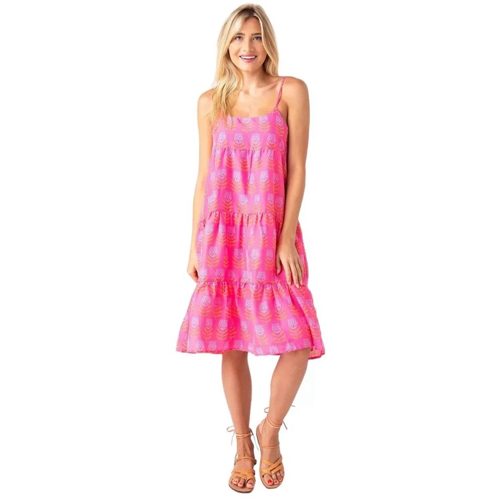 J. Marie Maeve Pink Tulip Flower Print Tiered Midi Dress Women's M NWOT Vacation